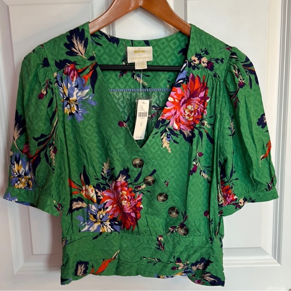 NWT Maeve by Anthropologie Green Floral Print Blouse (size 8)